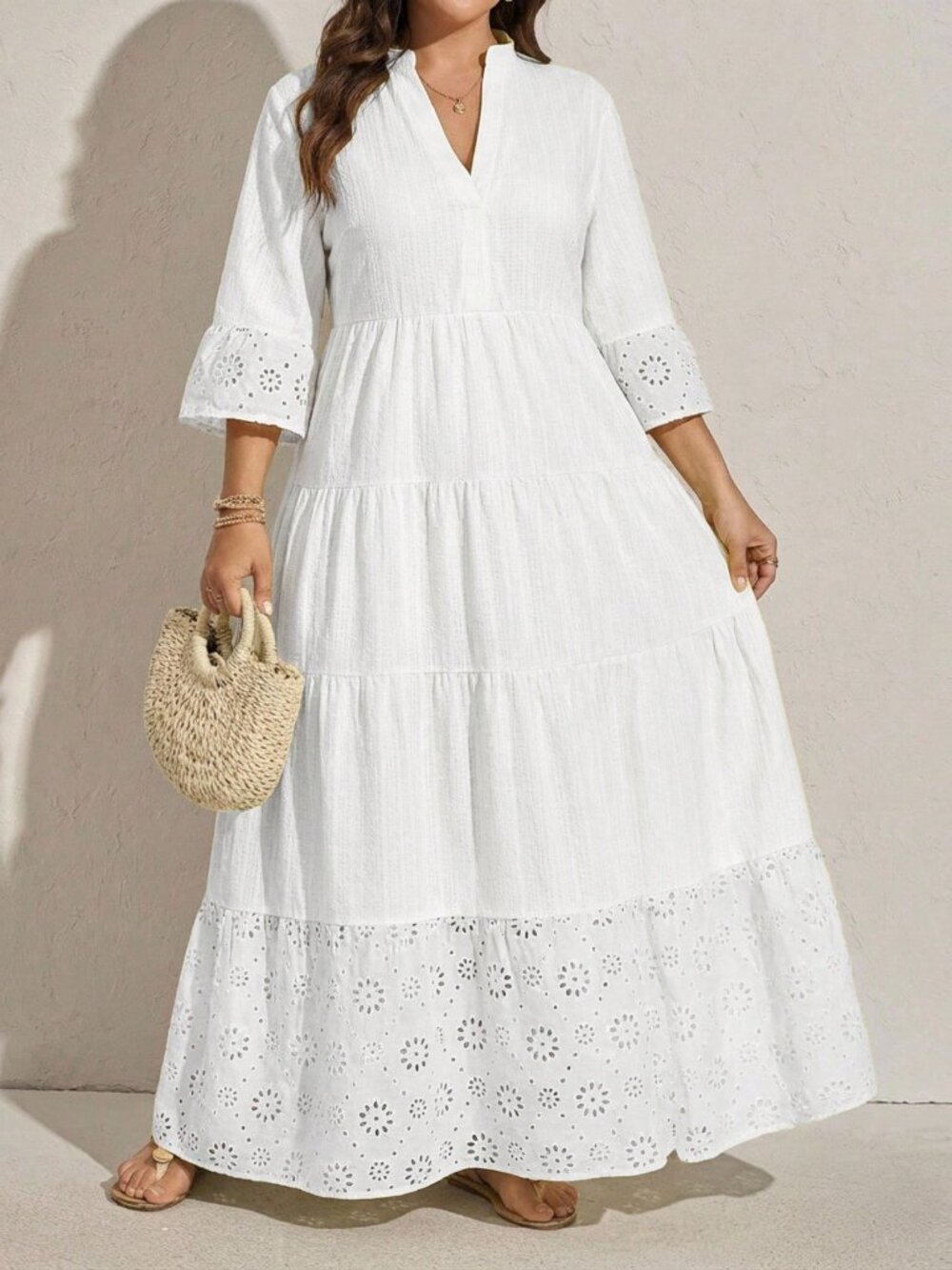 White Boho Women's Plus Size Hollow Out Embroidery V-Neck Casual Dress